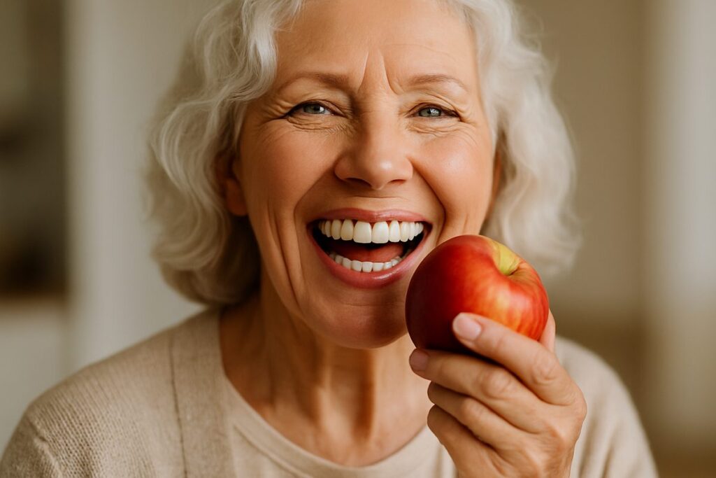 Photo of a smiling senior woman confidently eating an apple, showcasing the functionality of dental implants. The background is blurred to focus on the woman and her confident smile. No text on the image.