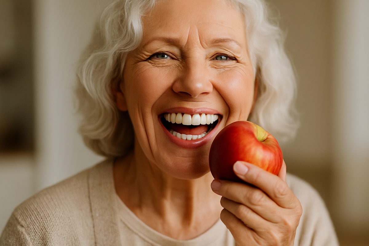 Photo of a smiling senior woman confidently eating an apple, showcasing the functionality of dental implants. The background is blurred to focus on the woman and her confident smile. No text on the image.